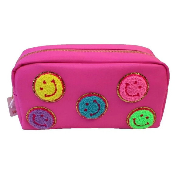 New Pink Large Preppy Smilie Face Makeup Bag Nylon Cosmetic Bag - Picture 1 of 2